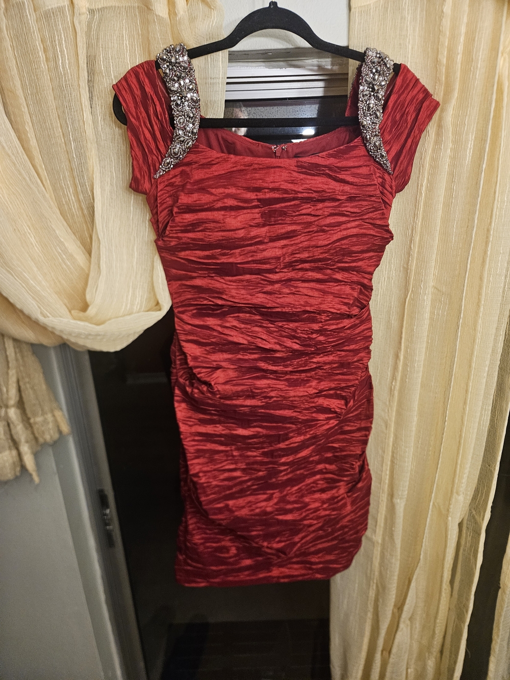 Alex Evenings Red Ruched Mini Dress with Jeweled Shoulders